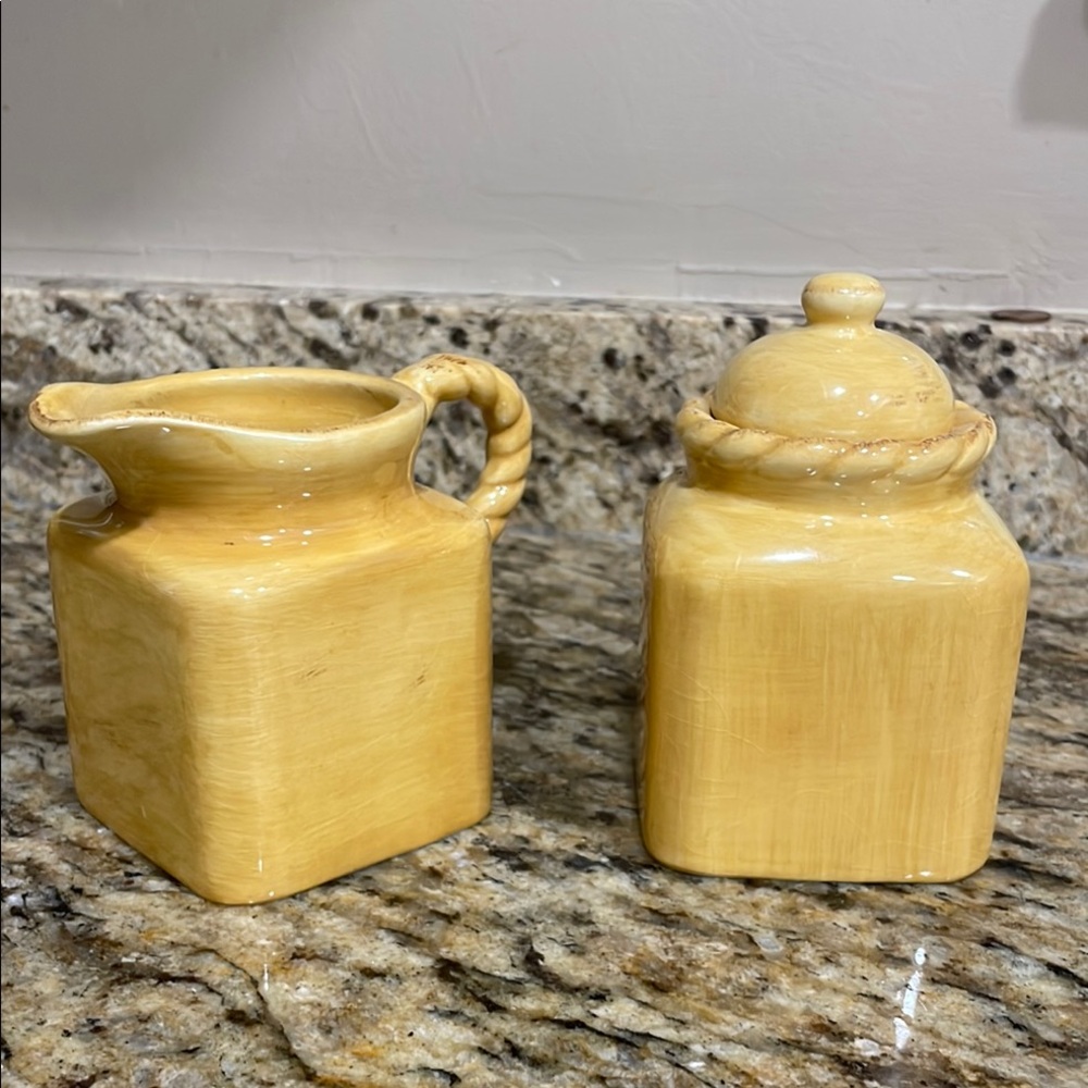 Artimino Tuscan Countryside Yellow Earthenware Creamer and Sugar Set.